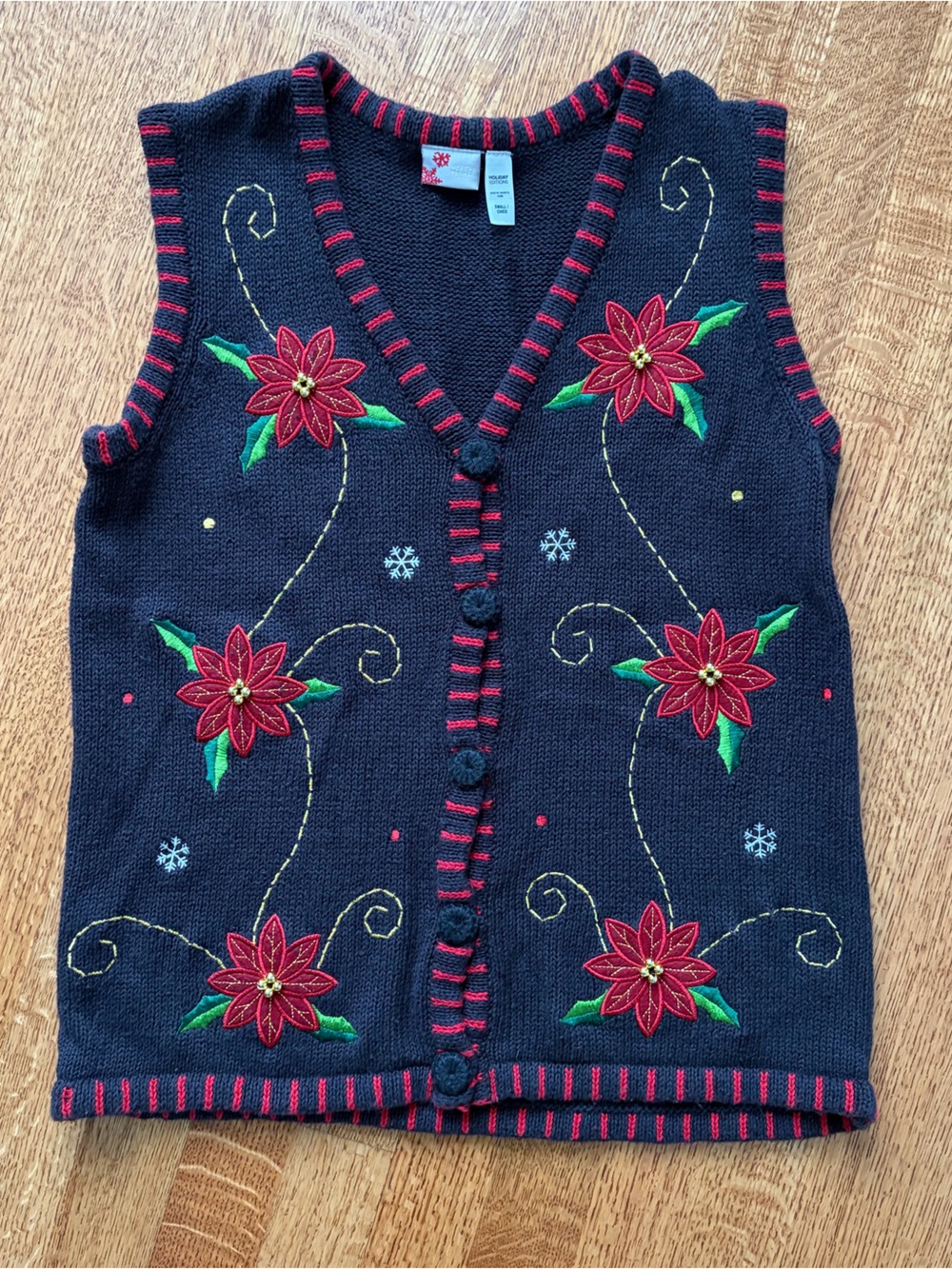 Vtg Holiday Editions Christmas Sweater Vest Small Poinsettia Beaded Knit 90s Y2K